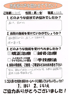 患者様の声 お悩みの症状：体の調子がよく、夜しっかり寝れます。体が楽です。