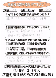 患者様の声 お悩みの症状：翌日に少し効果が出ています